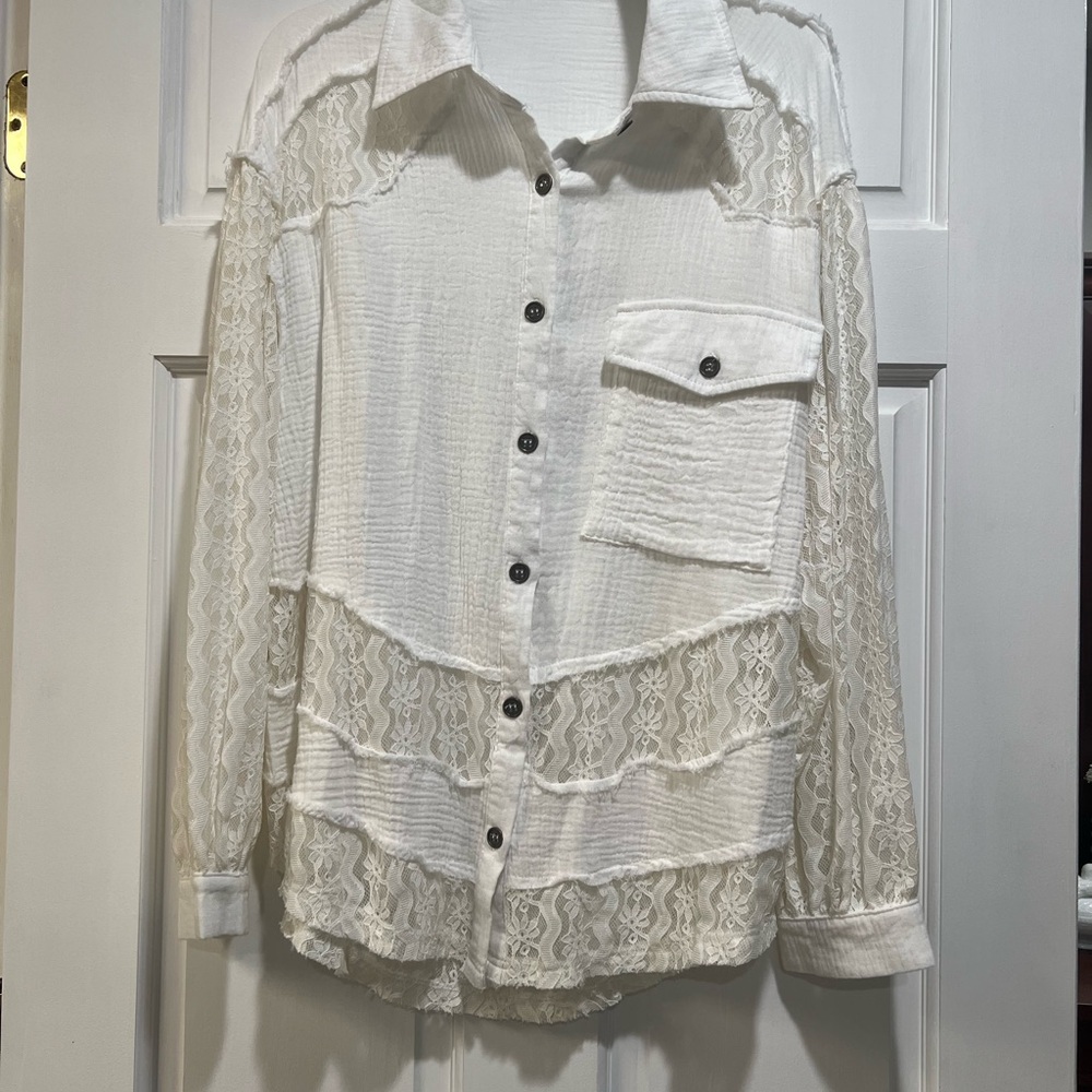 White Lace-Trim Button-Up Women's Top